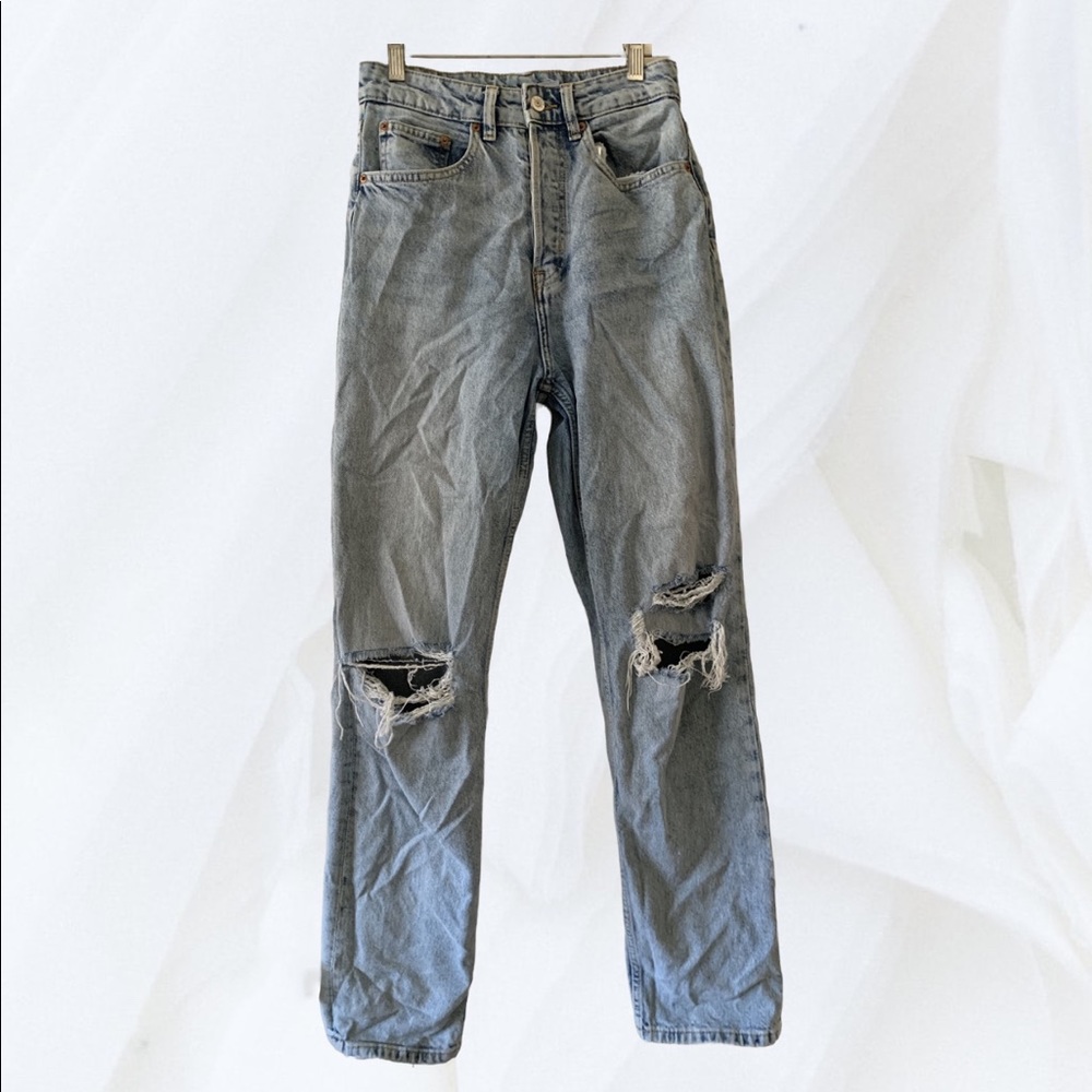 Distressed denim straight leg jeans